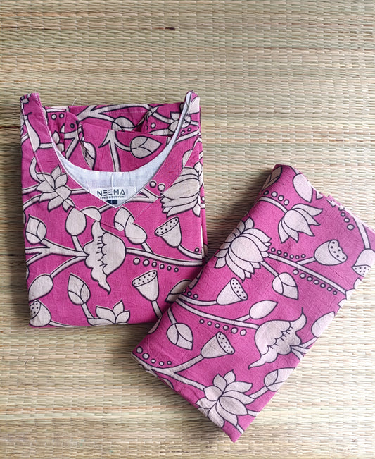 Block printed kalamkari cotton Maternity 2 pc chudidhar set [ Top with double side zip, and dupatta - Pink Flower