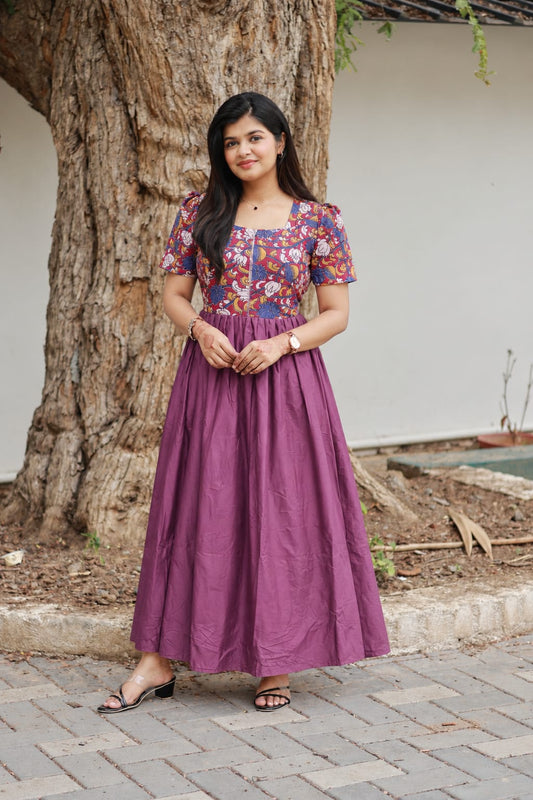 Cotton / Raw silk Maternity Maxi/Gown in center zip - Festival Collection- Full cotton lining - Dusty Rose with red flower
