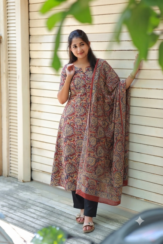 Block printed kalamkari cotton Maternity 2 pc chudidhar set [ Top with center side zip, and dupatta - Leaf red kalamkari (A line top)