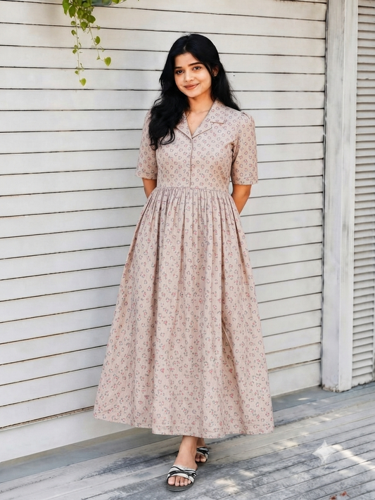 Premium Muslin - Feeding/ Maternity Maxi/Gown - Cotton lining /Center zip -Collar Sandal with red apple