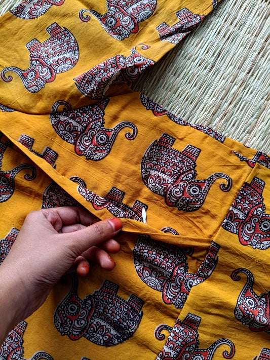 Block printed kalamkari cotton Maternity 2 pc chudidhar set [ Top with double side zip, and dupatta - Yellow elephant