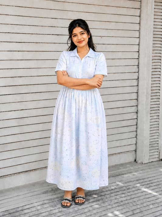 Premium Muslin - Feeding/ Maternity Maxi/Gown - Cotton lining with Center zip -Collar Star and moon white