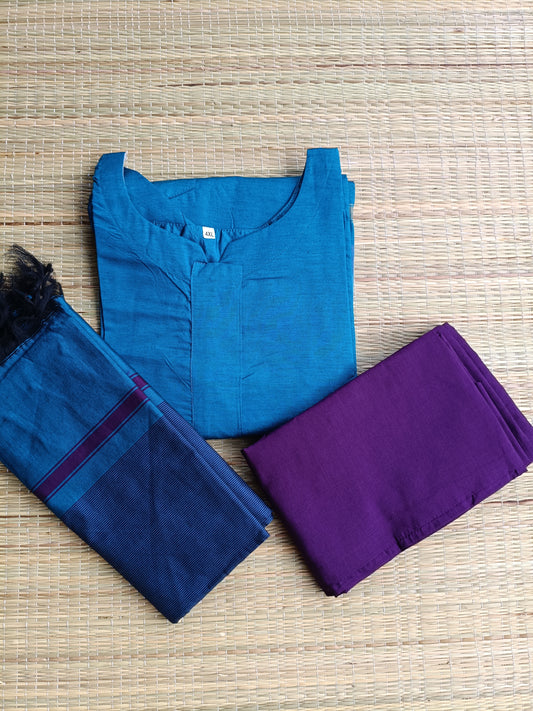 Pochampally sico set/ maternity 3 pc chudidhar set [ Top with center zip, pant and dupatta - Dark blue and purple
