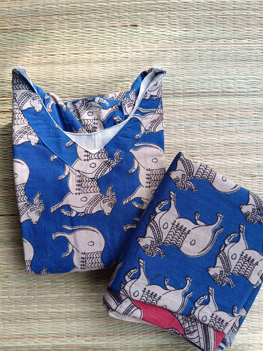 Block printed kalamkari cotton Maternity 2 pc chudidhar set [ Top with double side zip, and dupatta - Blue pichwai