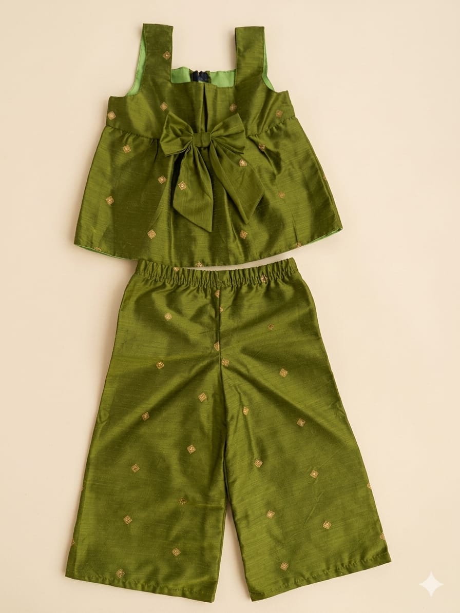 Girl baby dress / Raw silk / 2 pc set- Parrot green - 1- 2 year