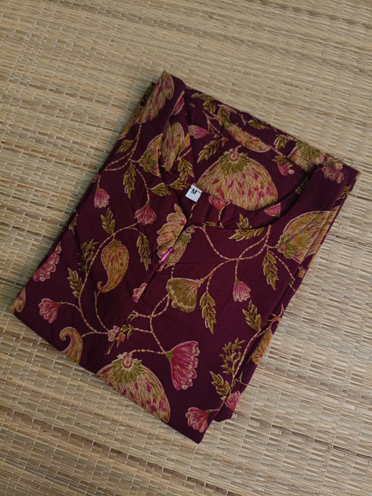 Kalamkari Cotton A line Maternity Feeding Kurti /Center Zip(Dress length 45 inches)- Violet flower
