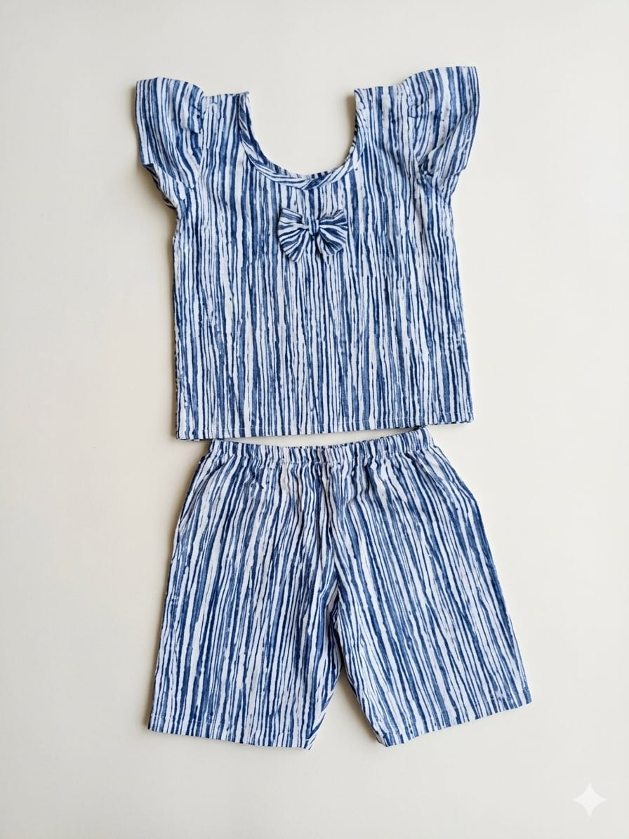 Girl baby dress / Cotton / 2 pc set- Blue Stripe