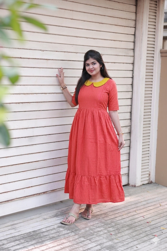Mul Mul Cotton - Feeding/ Maternity Maxi/Gown - Cotton lining /Double side zip - Pink Checks