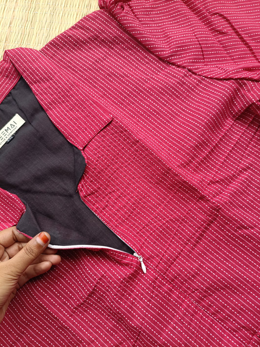 Prewashed handloom Cotton - Feeding/ Maternity Maxi/Gown - Cotton lining /Center zip -Collar Red stripe