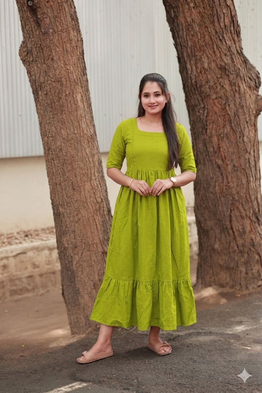 Prewashed Handloom Cotton - Feeding/ Maternity Maxi/Gown - Cotton lining /Double side zip - Green Stripe