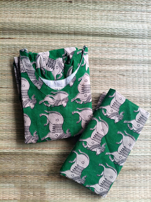 Block printed kalamkari cotton Maternity 2 pc chudidhar set [ Top with double side zip, and dupatta - Green pichwai