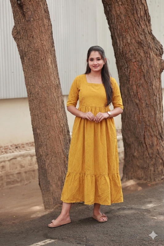 Prewashed Handloom Cotton - Feeding/ Maternity Maxi/Gown - Cotton lining /Double side zip - Yellow Stripe