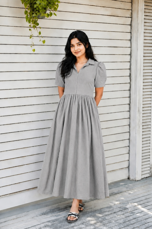 Prewashed handloom Cotton - Feeding/ Maternity Maxi/Gown - Cotton lining /Center zip -Collar Grey stripe