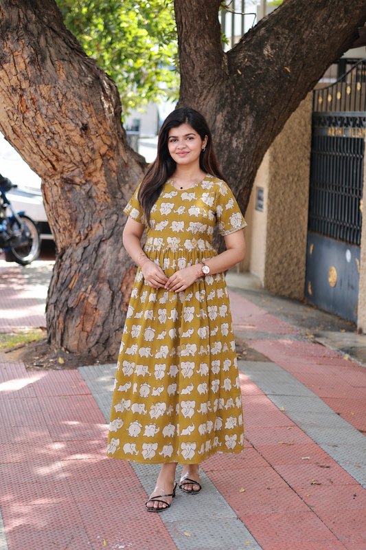 Kalamkari Cotton Maternity Feeding Gown/ maxi / double side zip– mustard elephant