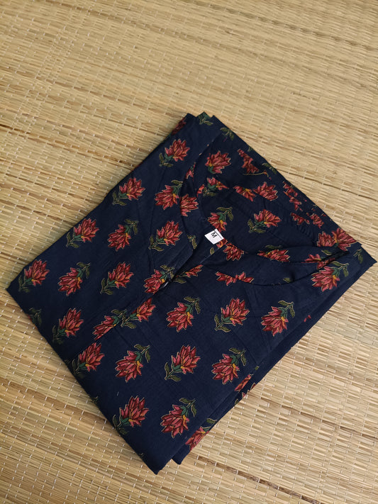 Kalamkari Cotton A line Maternity Feeding Kurti /Center Zip(Dress length 45 inches)- Navy Mini flowers