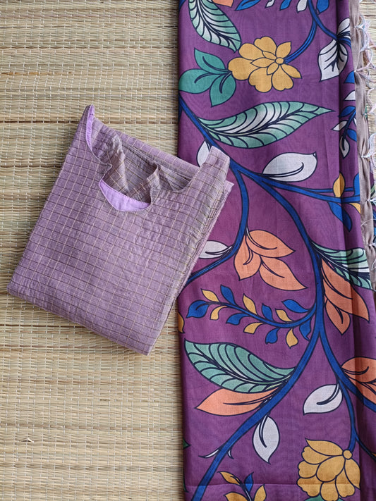 Raw Silk Maternity 2 Pc Chudidhar Set – Rose gold checks/Double side Zip (Side Open Top + Dupatta)
