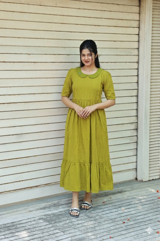 Mul Mul Cotton - Feeding/ Maternity Maxi/Gown - Cotton lining /Double side zip - Green Checks