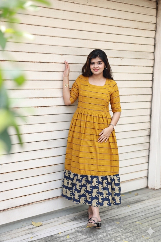 Cotton - Feeding/ Maternity Maxi/Gown - Cotton lining /Double side zip - Manjal and Blue elephant