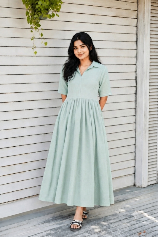 Premium Muslin - Feeding/ Maternity Maxi/Gown - Cotton lining /Center zip -Collar pista green