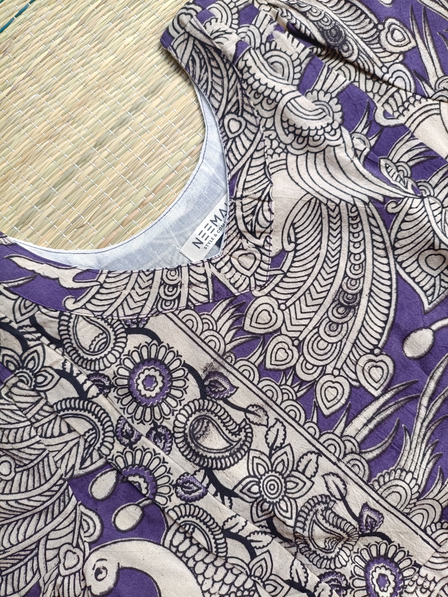 Block printed kalamkari cotton Maternity 2 pc chudidhar set [ Top with double side zip, and dupatta - Violet and sandal flower