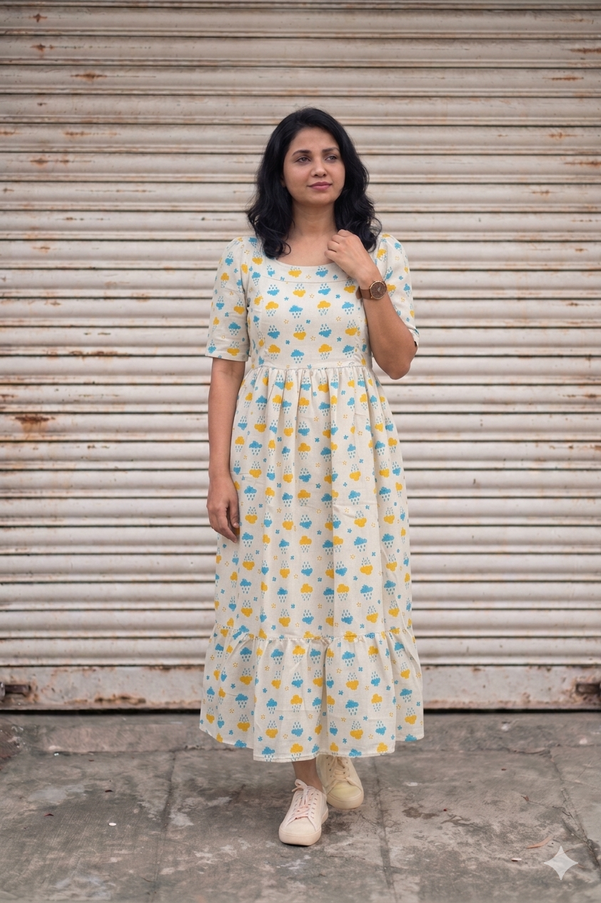 NEEMAI white printed muslin cotton feeding maxi gown with cute cloud and raindrop pattern, breathable lightweight fabric and comfortable maternity wear fit for everyday comfort.
