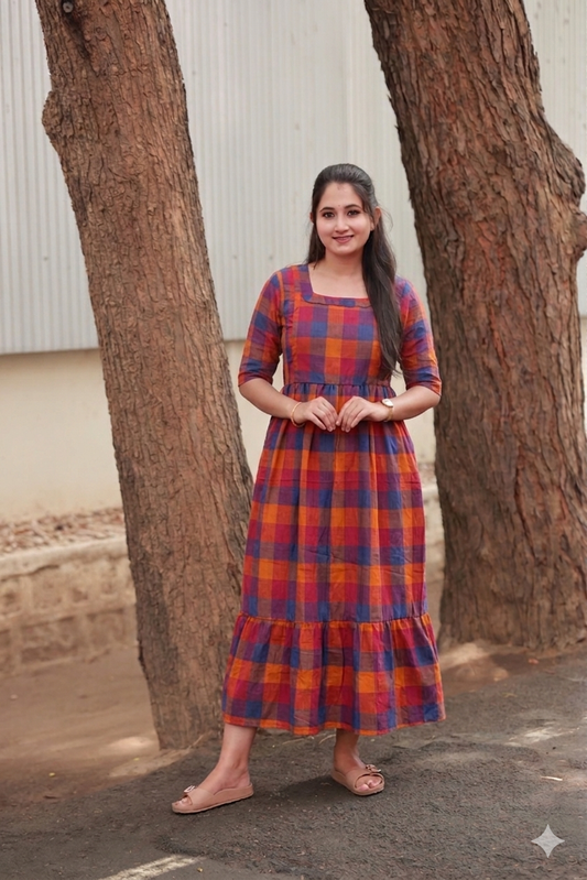 Madras checks Cotton - Feeding/ Maternity Maxi/Gown - Cotton lining /Double side zip