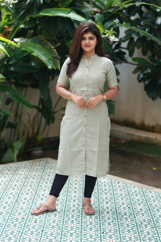 silk Kurti/ Front 4 button operable( optional feeding) -used to Normal wear kurti - Pista Green
