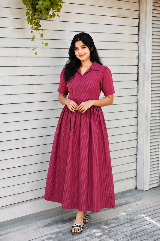 Prewashed handloom Cotton - Feeding/ Maternity Maxi/Gown - Cotton lining /Center zip -Collar Red stripe