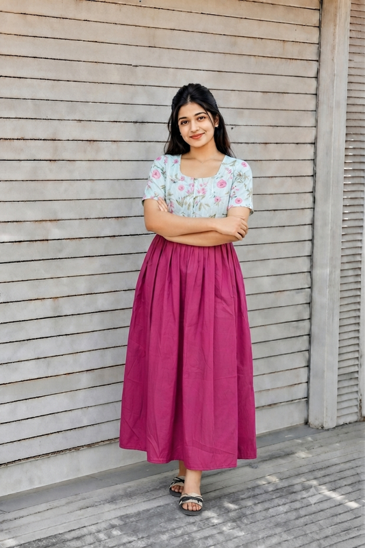 Cotton / Raw silk Maternity Maxi/Gown in center zip - Festival Collection- Full cotton lining - Pink with pink flower