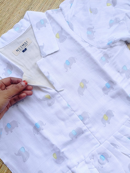 Photoshoot Gown- Premium Muslin - Maternity/Double side zip - White with mini elephant