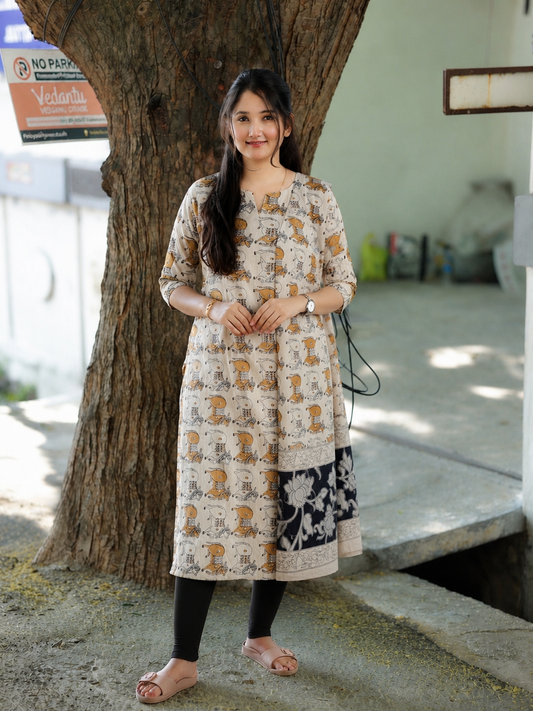 Block printed kalamkari cotton Maternity 2 pc chudidhar set [ Top with double side zip, and dupatta - Brown and sandal pichwai