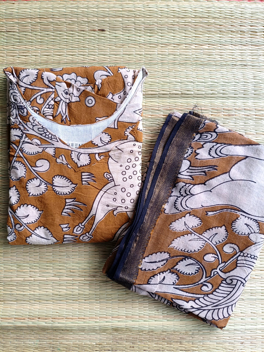 Block printed kalamkari cotton Maternity 2 pc chudidhar set [ Top with double side zip, and dupatta - Brown Deer