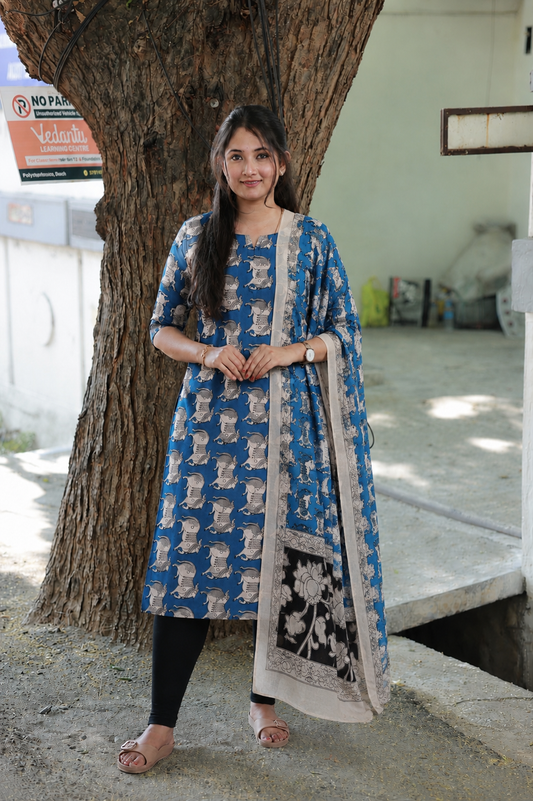 Block printed kalamkari cotton Maternity 2 pc chudidhar set [ Top with double side zip, and dupatta - Ramar green pichwai