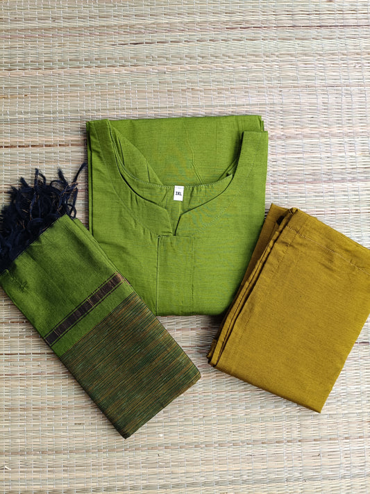 Pochampally sico set/ maternity 3 pc chudidhar set [ Top with center zip, pand and dupatta - Light green