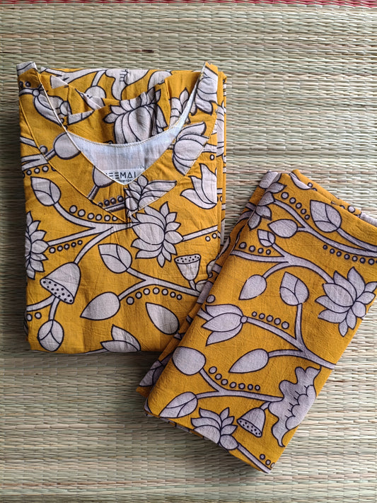 Block printed kalamkari cotton Maternity 2 pc chudidhar set [ Top with double side zip, and dupatta - Yellow flower