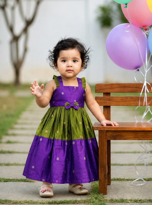 Girl Baby Dess/ Raw silk - Purple and green