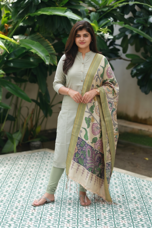 Raw Silk Kurti |2 pc set Top and Dupatta Dupatta | Pista Green | Front 4 Buttons