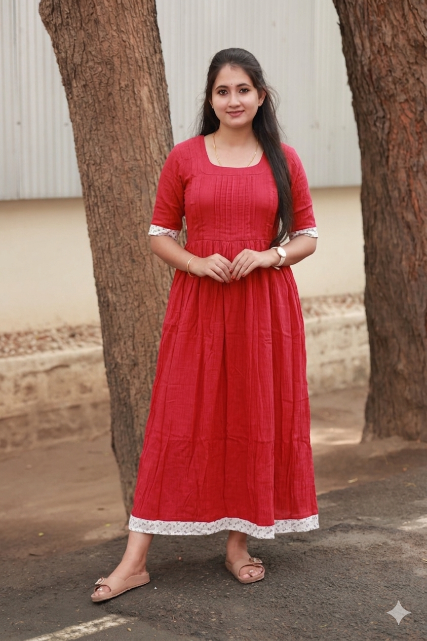 Cherry red muslin maternity feeding gown with double side zip