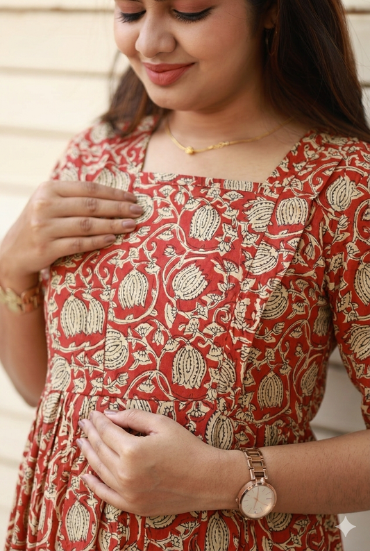 Block Printed Cotton Maternity / Feeding -  Maxi/Gown/Midi - Red Lotus