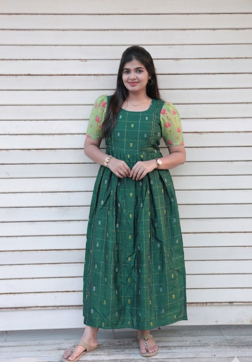 Raw silk Maternity Maxi/Gown - Festival Collection - Deep Green checks