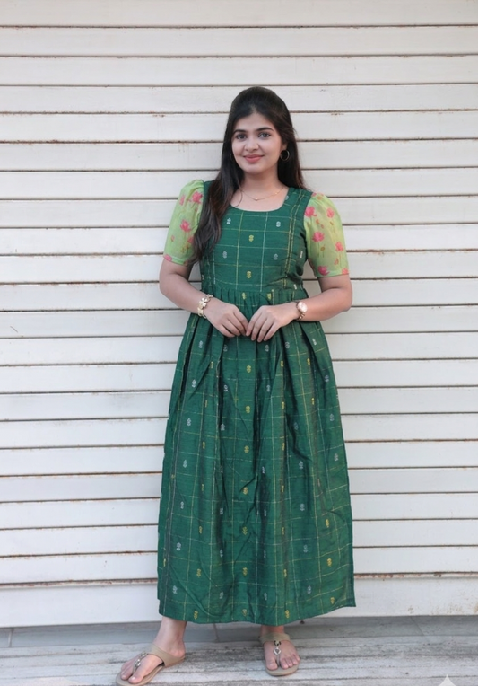 Raw silk Maternity Maxi/Gown - Festival Collection - Deep Green checks