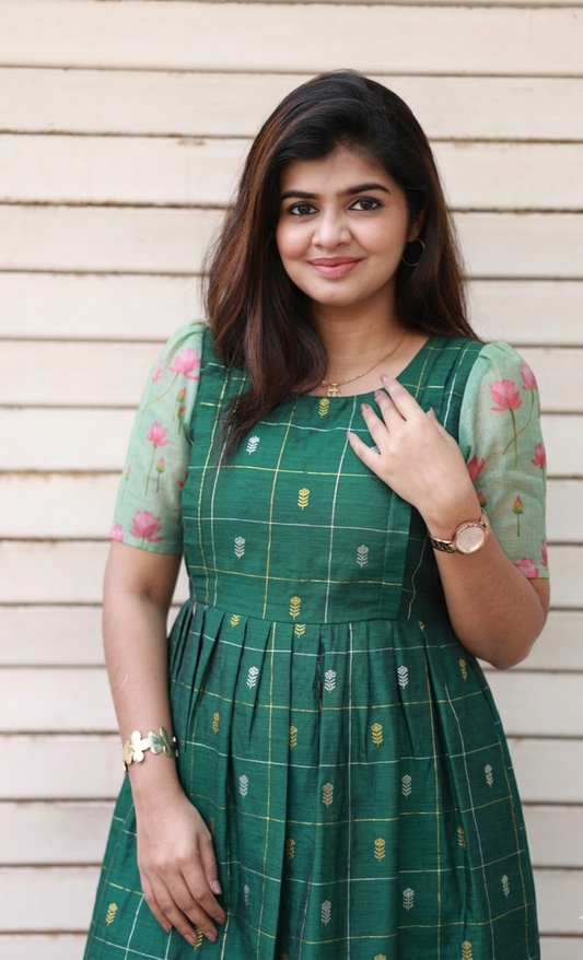 Raw silk Maternity Maxi/Gown - Festival Collection - Deep Green checks