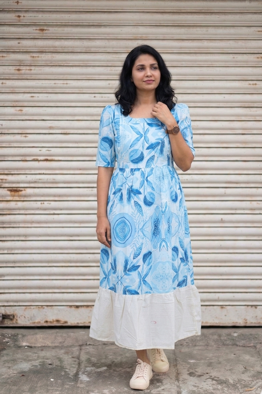 Sea Blue - Maternity / Feeding - Maxi/Gown - Cotton Lining - Double side Zips - Blue leaf