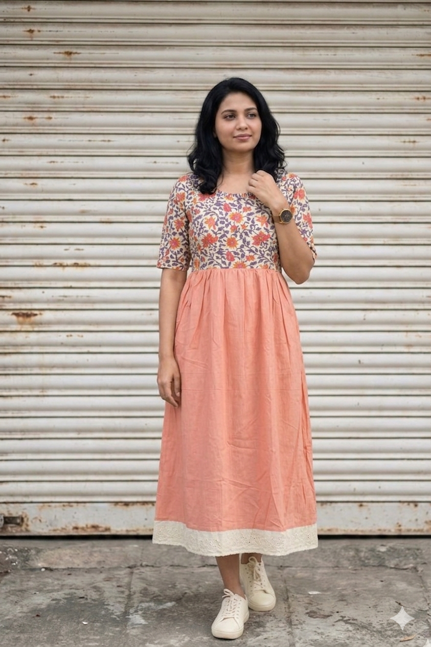 Neemai premium pubbly cotton Peach-tone maternity maxi dress with nursing friendly double side feeding zips, breathable fabric and comfortable everyday fit for moms.