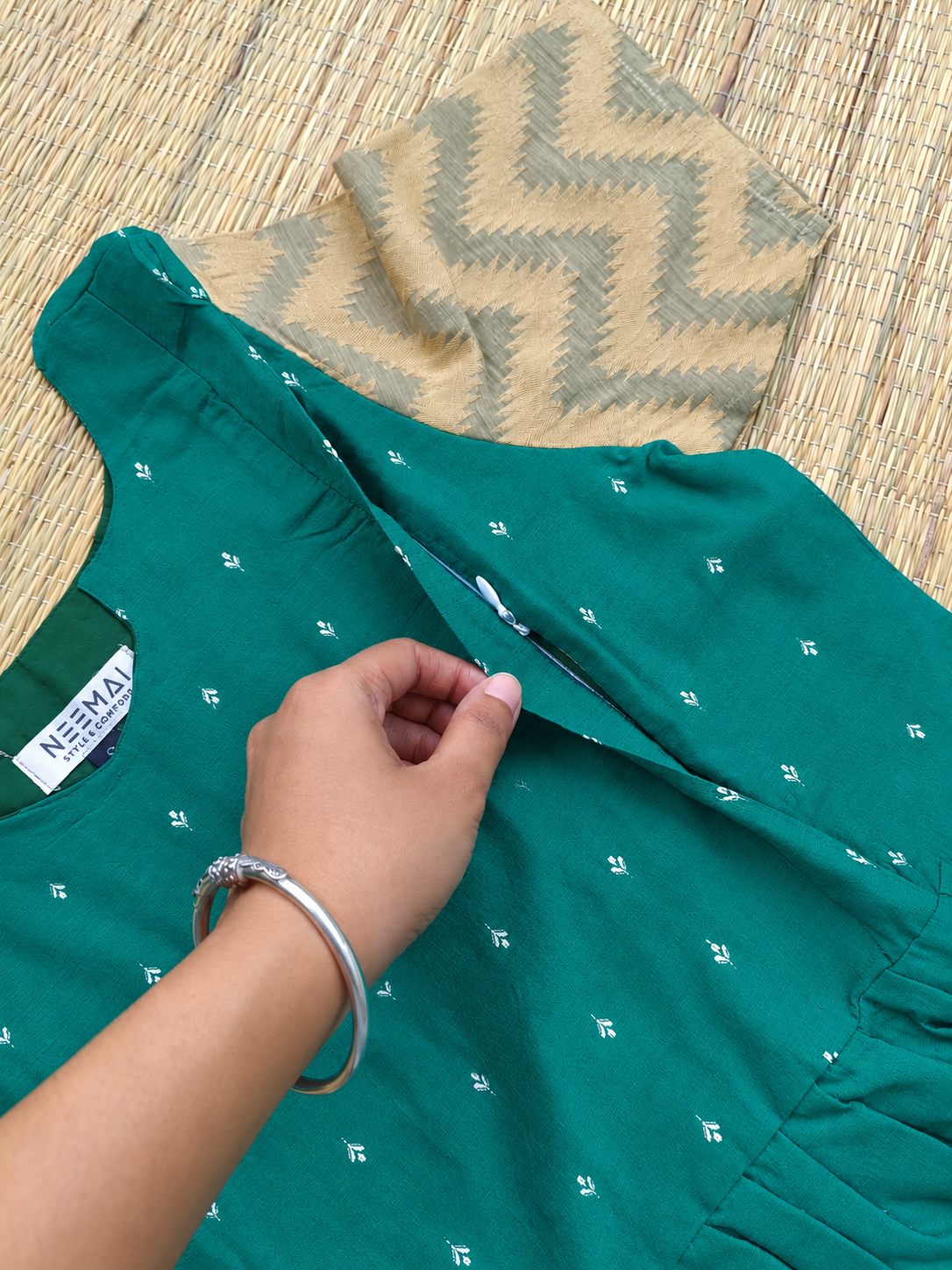 Raw Silk Maternity Feeding Gown/Maxi – Peacock green | Double Side Zip