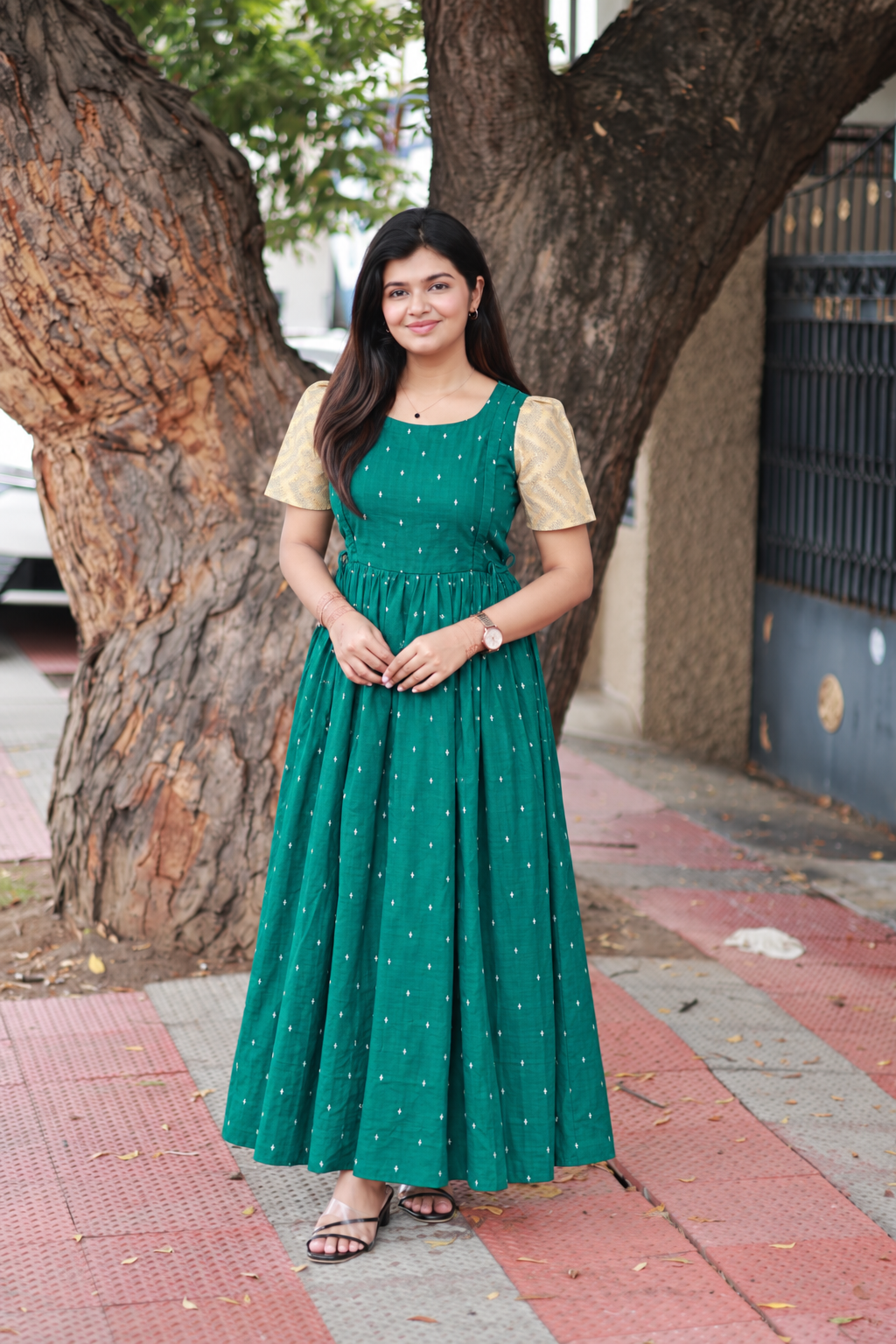 Raw Silk Maternity Feeding Gown/Maxi – Peacock green | Double Side Zip