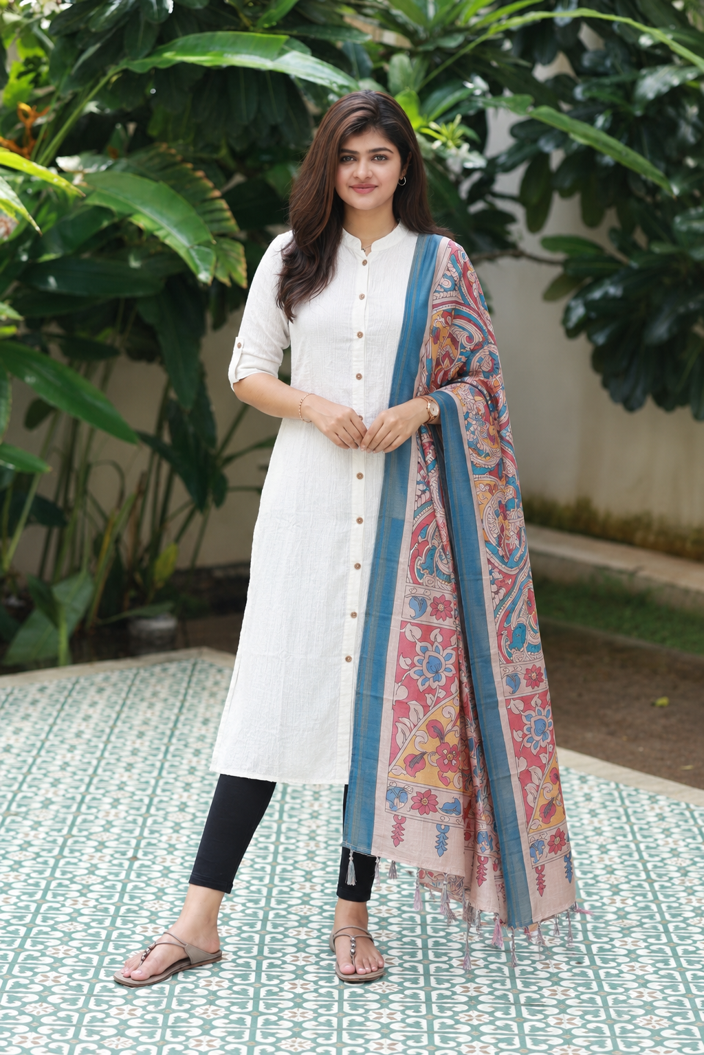 Premium Cotton Kurti with Dupatta (also feeding-friendly) | Center button | cream White and silver zari | Full Cotton lining