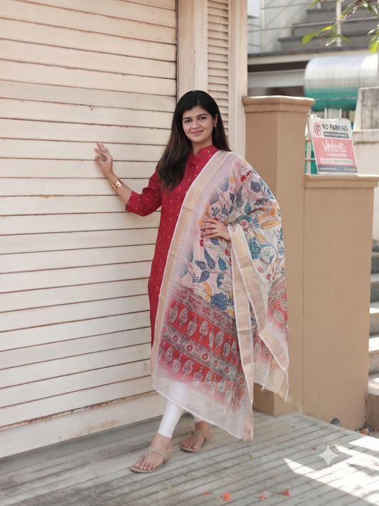 Raw Silk Kurti with Dupatta (also feeding-friendly) |  Red | Center button | Full Cotton Lining