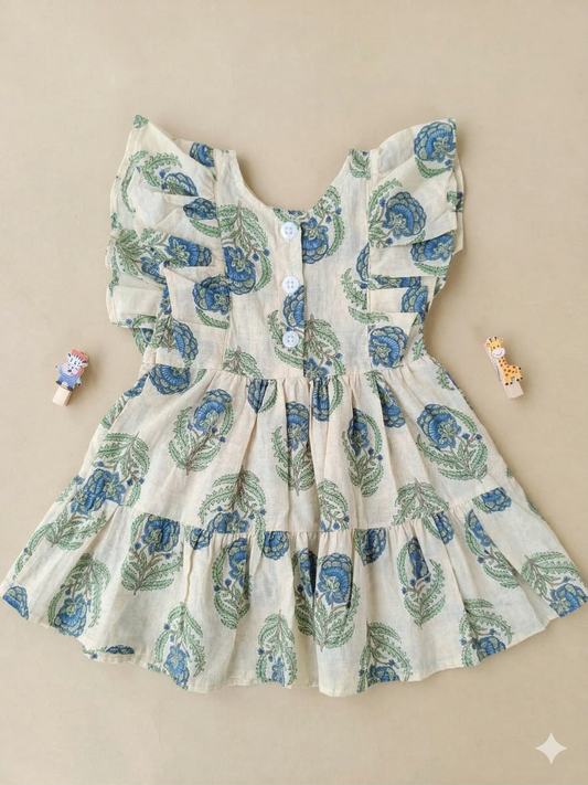 One year Girl baby dress- Cotton  /  Blue Flower