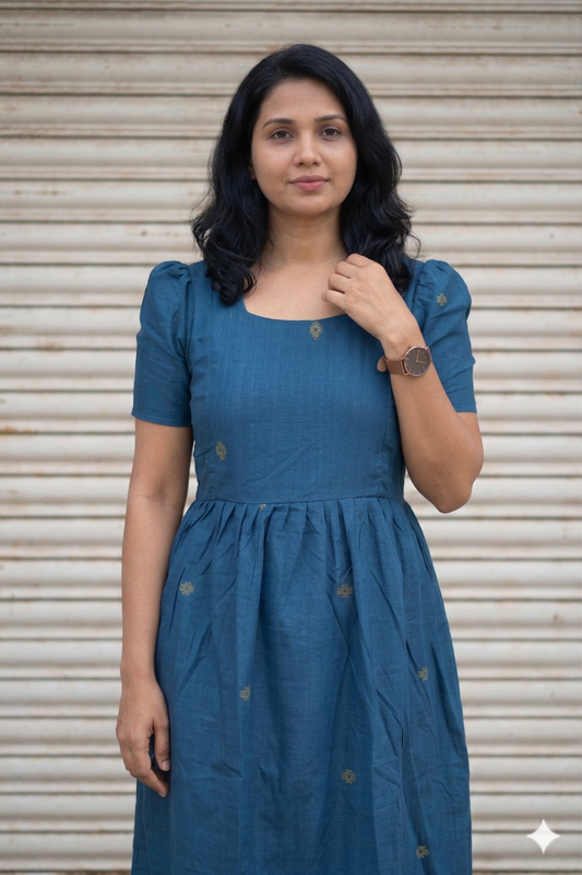 Handloom Jamdani - Maternity / Feeding - Maxi/Gown - Cotton Lining - Double side Zips -Rama Green